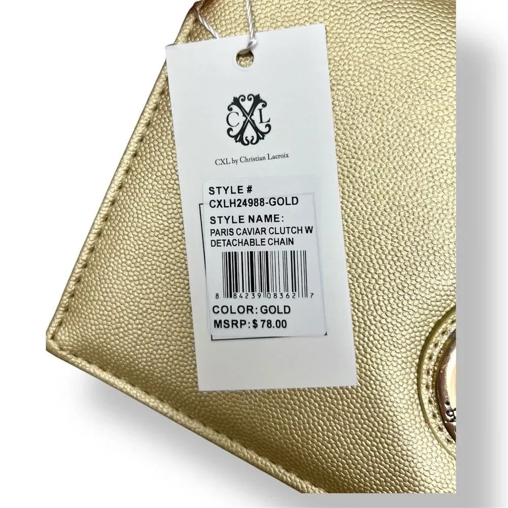 New CXL by Christian Lacroix Gold Paris Caviar Clutch Crossbody Detachable Chain